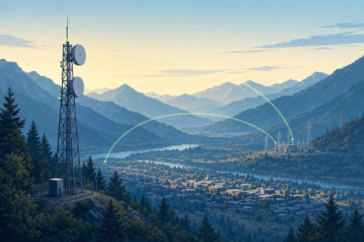 Illustration of a microwave tower on a forested hillside linking a small town and a distant electrical substation across a misty mountain valley.