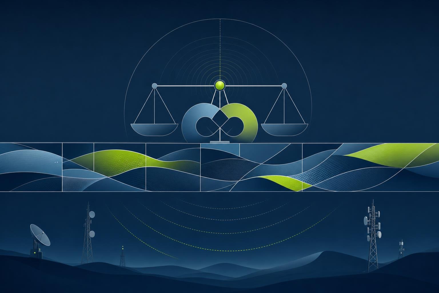 An abstract illustration of colorful spectrum bands divided into segments beneath a balanced, interlocking structure, representing spectrum policy and regulatory coordination.