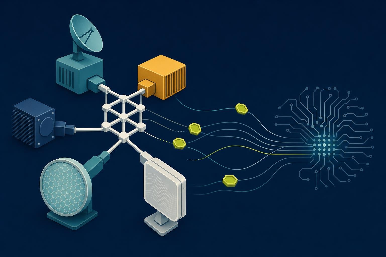 An abstract diagram of diverse colored blocks connecting into a shared network lattice, representing open, interoperable wireless equipment supported by grant funding.